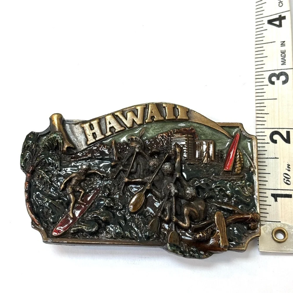 Vintage Arroyo Grande Hawaii Surf Scene Textured 3D Brass & Enamel Belt Buckle